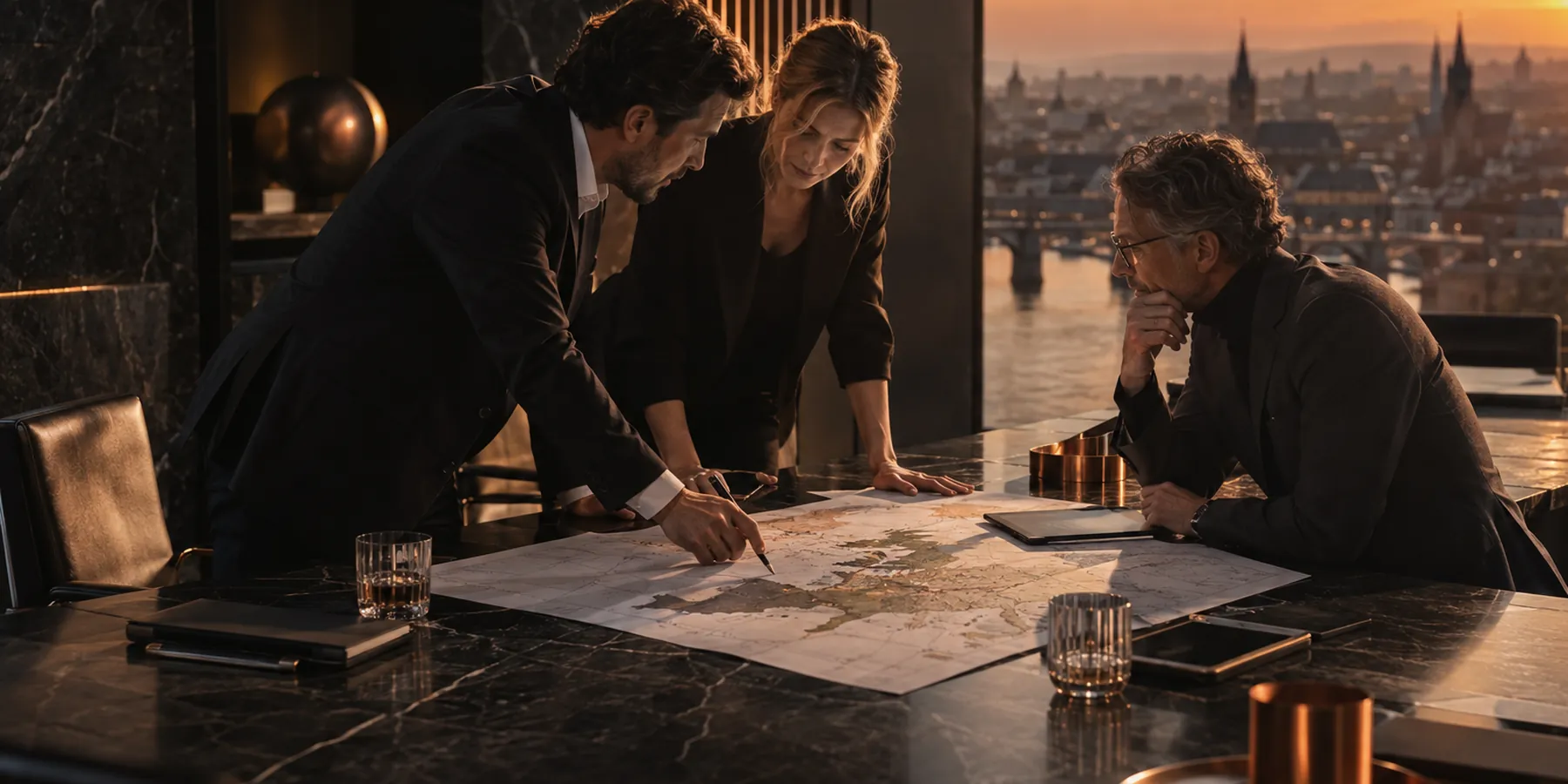 Drei Personen besprechen bei Sonnenuntergang eine Landkarte auf einem Marmortisch vor der Skyline