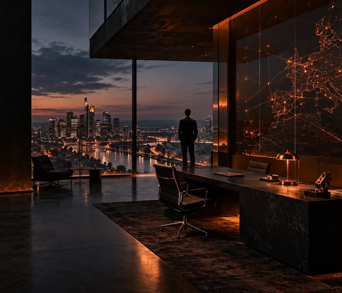 Manager blickt aus einem dunklen Büro auf die abendliche Skyline von Frankfurt; an der Glaswand leuchtet eine Karte mit Verbindungslinien